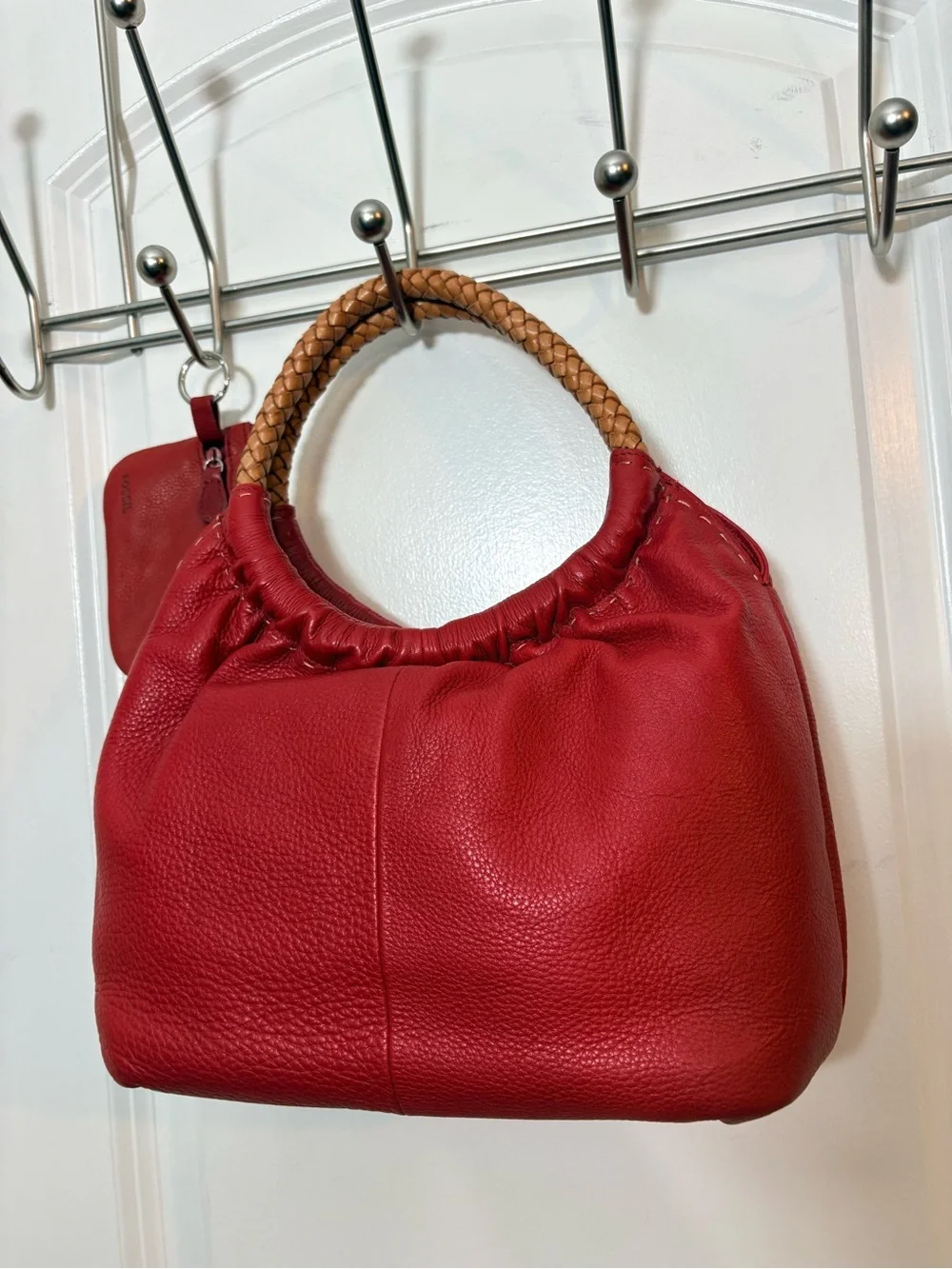 Fossil Red Pebbled Leather Mini Hobo Handbag ZB8590 + Matching Card Case Bundle